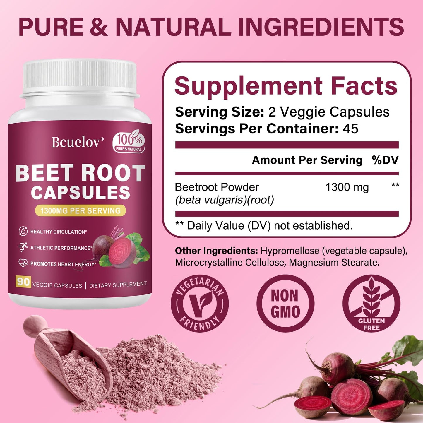 Beet Root Capsules 1300mg – Pure Beetroot Powder for Energy & Endurance | 90 Capsules