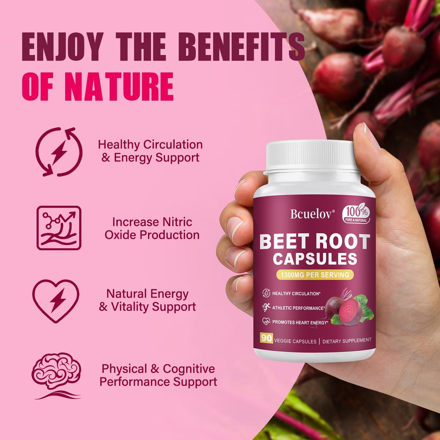 Beet Root Capsules 1300mg – Pure Beetroot Powder for Energy & Endurance | 90 Capsules