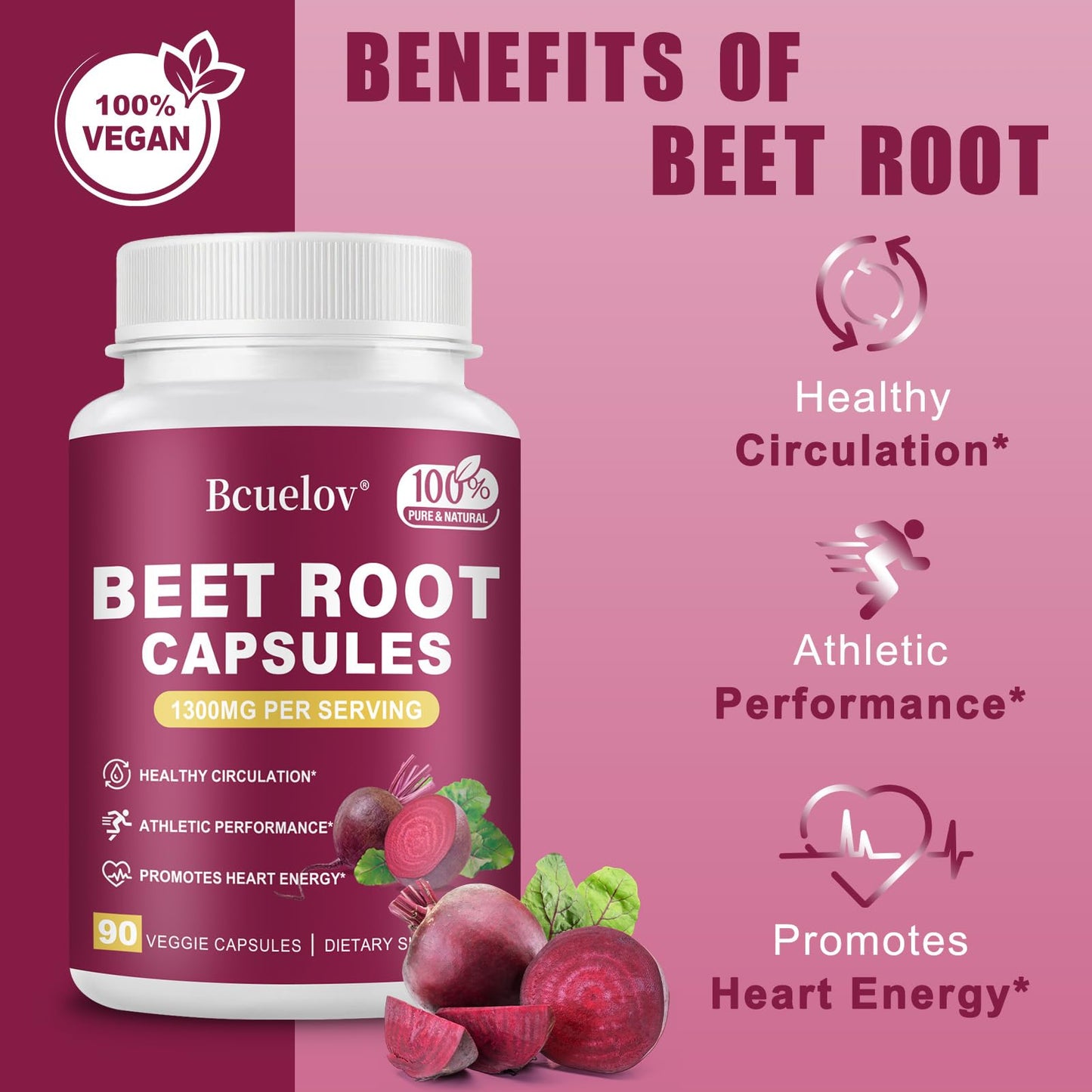 Beet Root Capsules 1300mg – Pure Beetroot Powder for Energy & Endurance | 90 Capsules