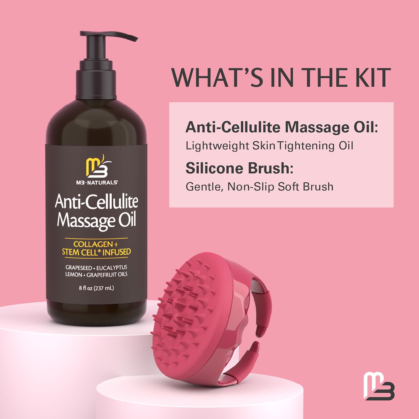 Anti Cellulite Massage Oil & Silicone Body Brush — Collagen & Stem Cell Skin Tightening, 8 fl oz by M3 Naturals