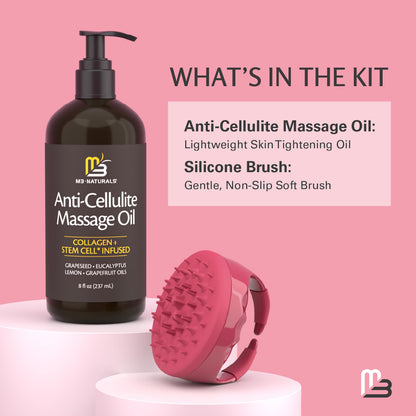 Anti Cellulite Massage Oil & Silicone Body Brush — Collagen & Stem Cell Skin Tightening, 8 fl oz by M3 Naturals