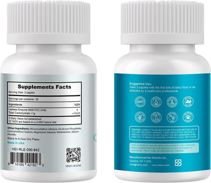 Heivy Lactase Enzyme 3000 FCC Dairy Relief – Fast Acting Lactose Pills, 90 Caplets, Made in USA (2 Pack)
