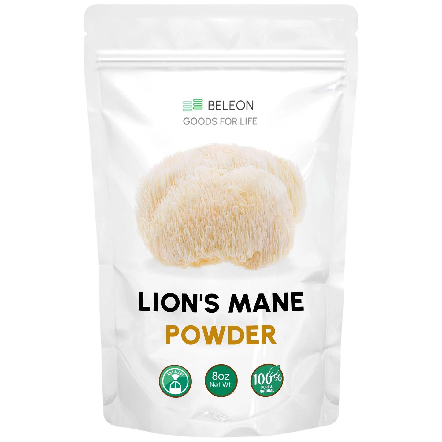Beleon Lion's Mane Powder 8 oz - Pure Mushroom Supplement, Vegan