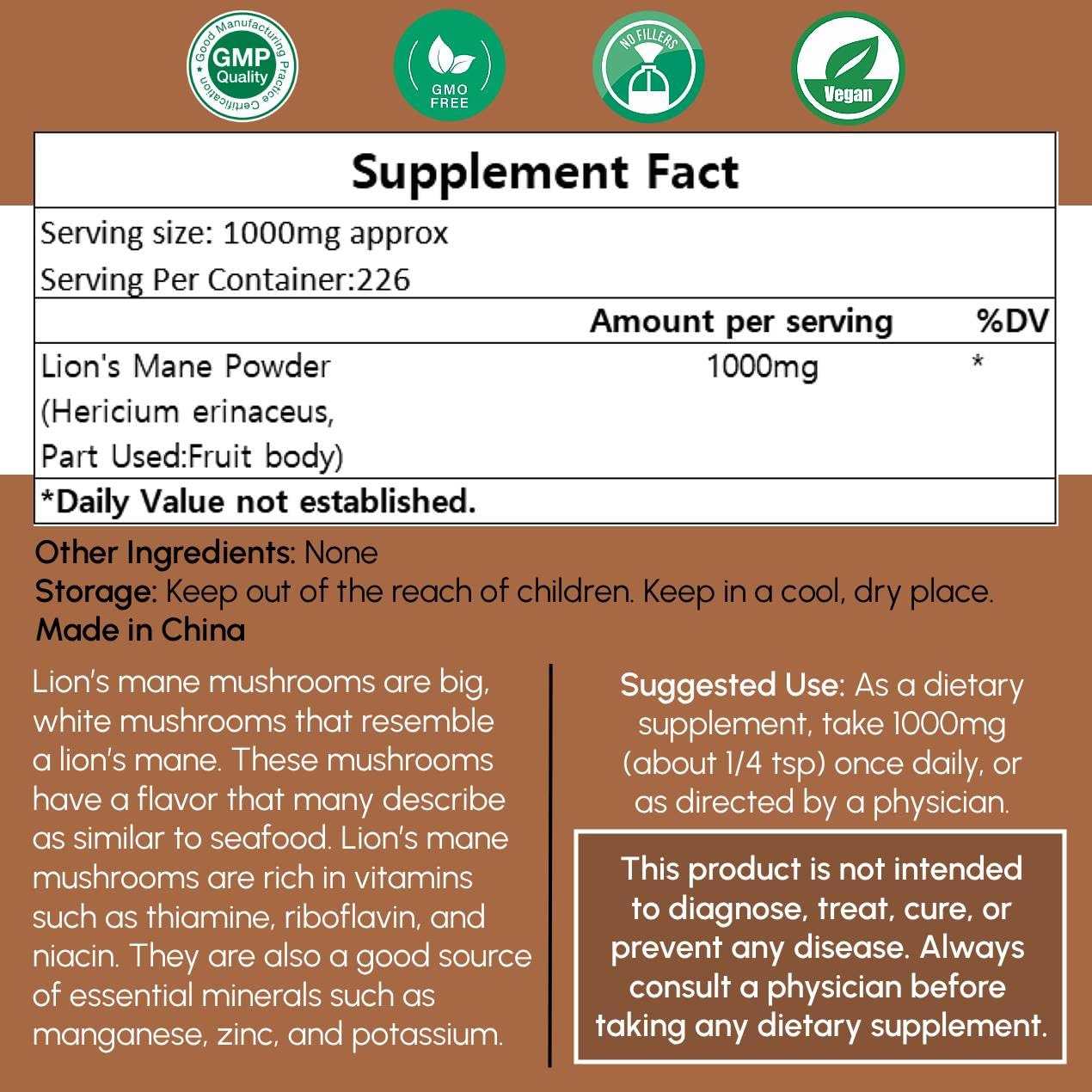 Beleon Lion's Mane Powder 8 oz - Pure Mushroom Supplement, Vegan