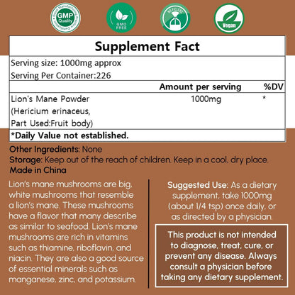 Beleon Lion's Mane Powder 8 oz - Pure Mushroom Supplement, Vegan