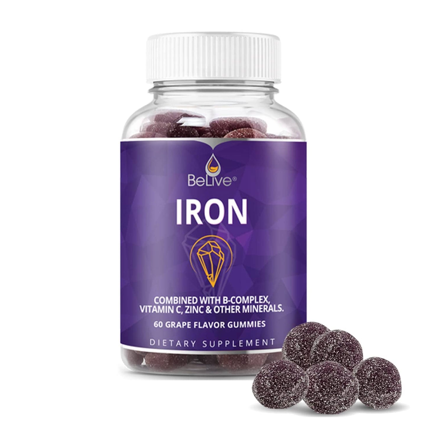 BeLive Iron Gummies - Vegan Multivitamin with Vitamin C & Zinc, Grape Flavor