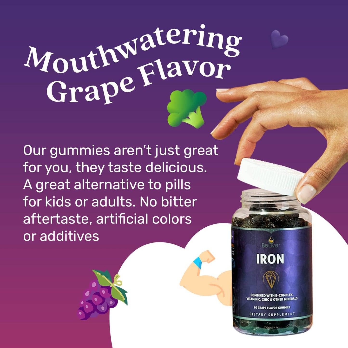 BeLive Iron Gummies - Vegan Multivitamin with Vitamin C & Zinc, Grape Flavor