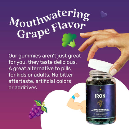 BeLive Iron Gummies - Vegan Multivitamin with Vitamin C & Zinc, Grape Flavor