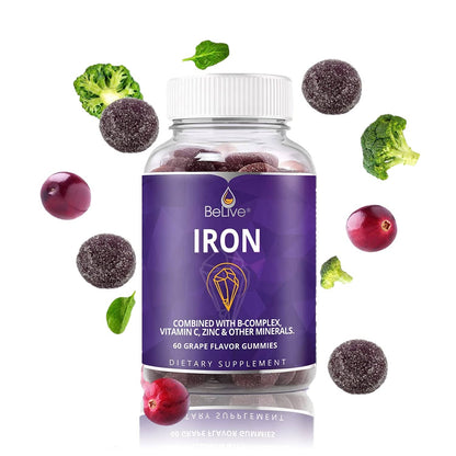 BeLive Iron Gummies - Vegan Multivitamin with Vitamin C & Zinc, Grape Flavor