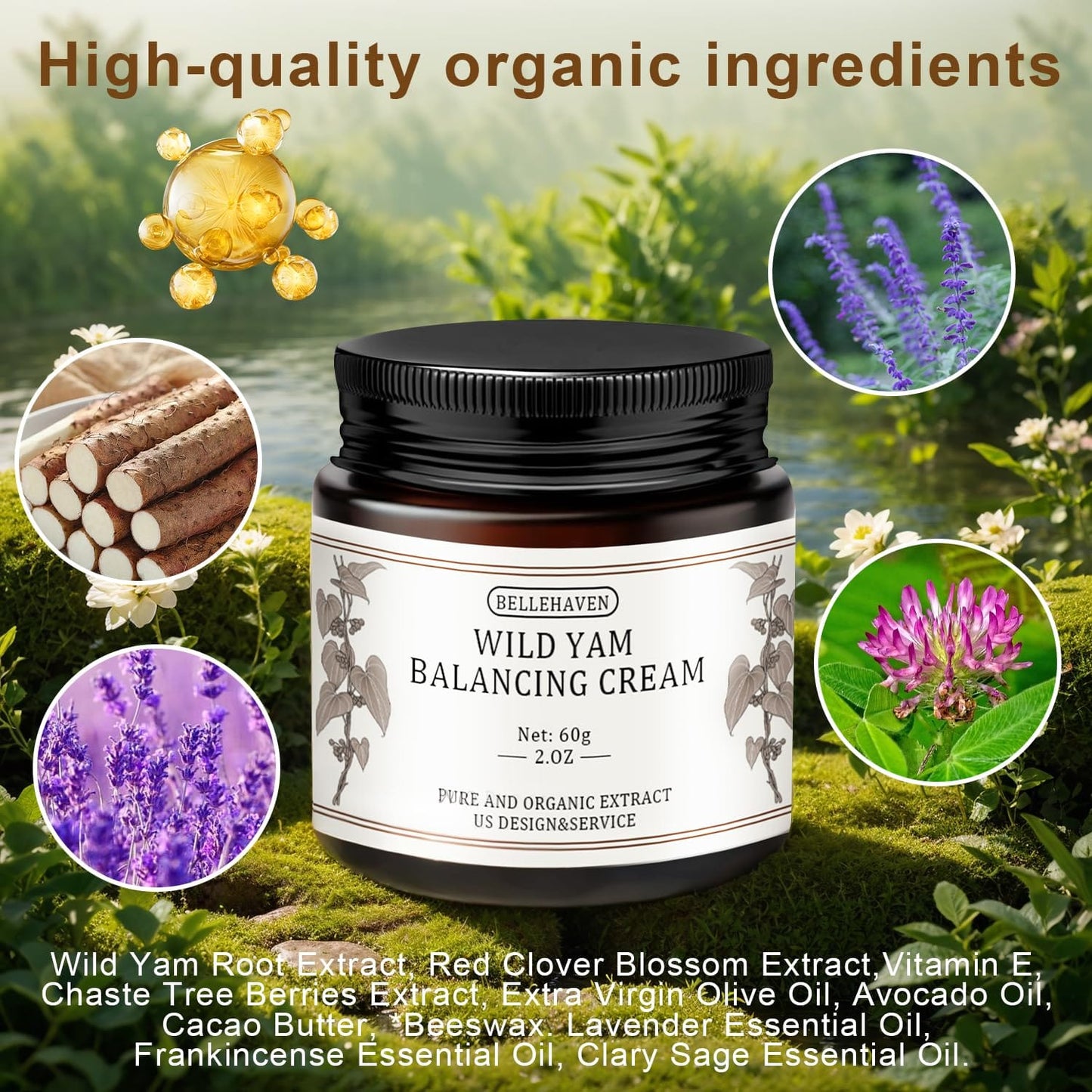 BelleHaven Wild Yam Cream — Plant-Based Daily Skincare for Mature Skin (Menopause), Lavender Scent, 2oz / 60g