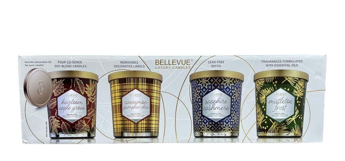 Bellevue Luxury Candles – 4 Soy Blend Candles, 12 oz Each, Removable Labels, Lead-Free Wicks