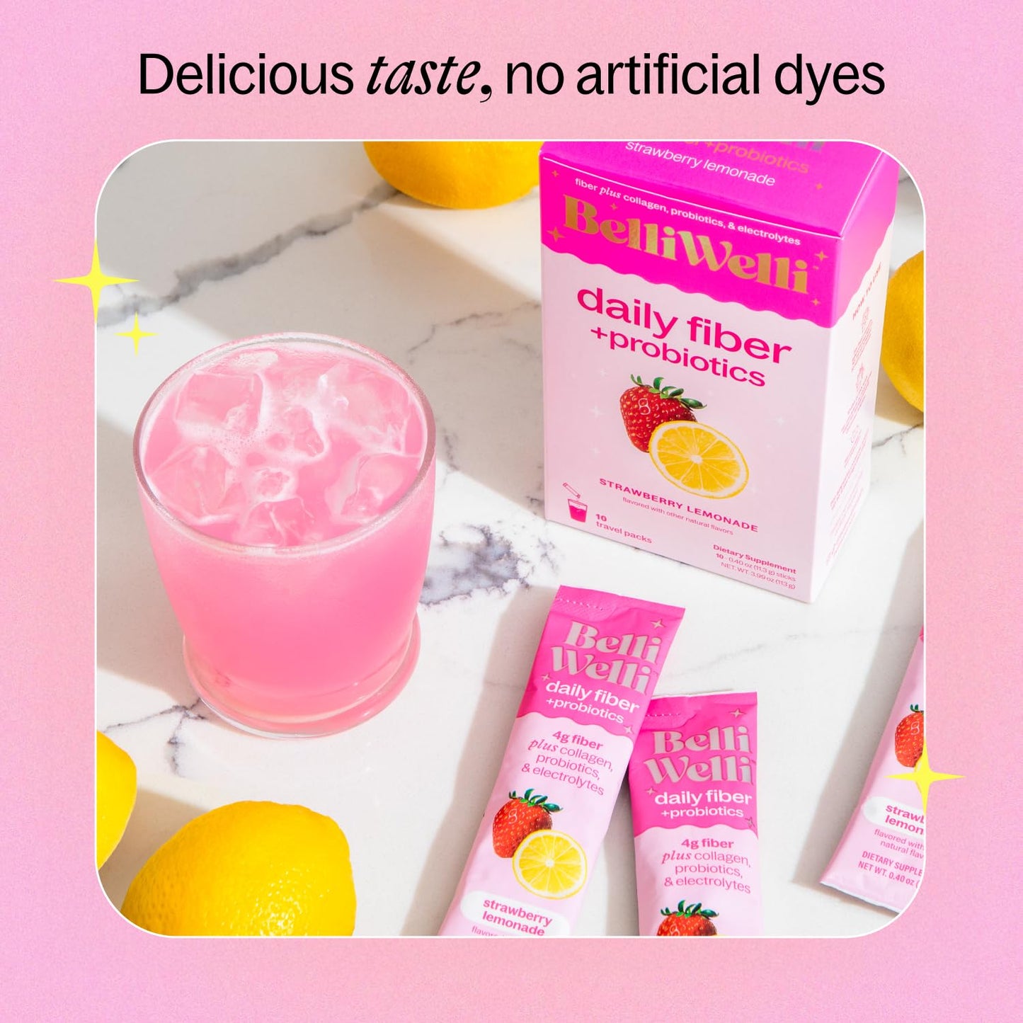 Belli Welli Daily Fiber Packets – Collagen, Probiotics & Electrolytes | Strawberry Lemonade 10ct