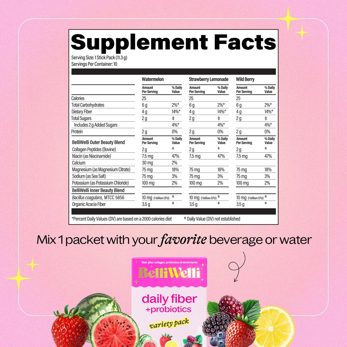 Belli Welli Daily Fiber Packets with Collagen, Probiotics & Electrolytes - 10 Count Variety