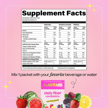 Belli Welli Daily Fiber Packets with Collagen, Probiotics & Electrolytes - 10 Count Variety