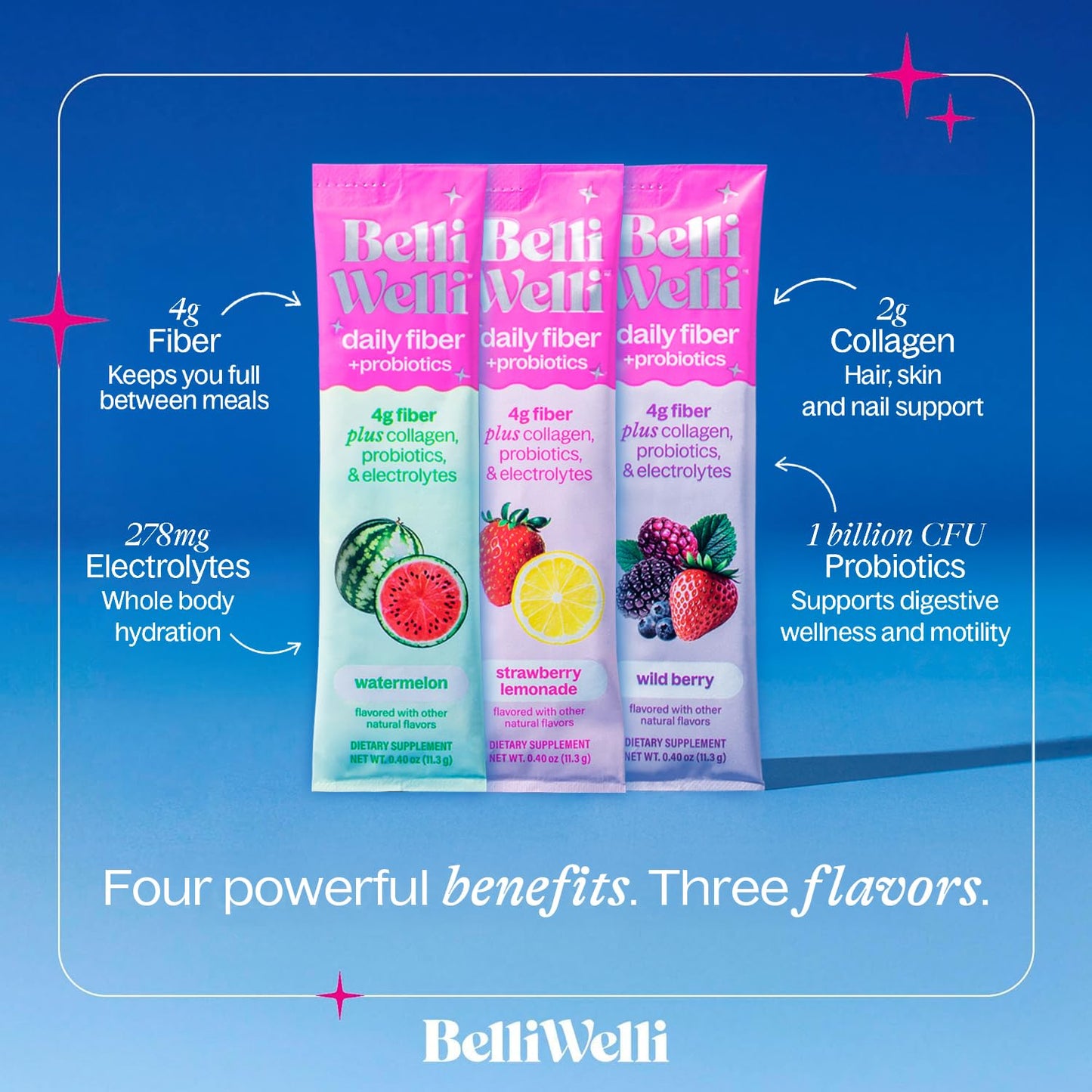 Belli Welli Daily Fiber Packets with Collagen, Probiotics & Electrolytes - 10 Count Variety