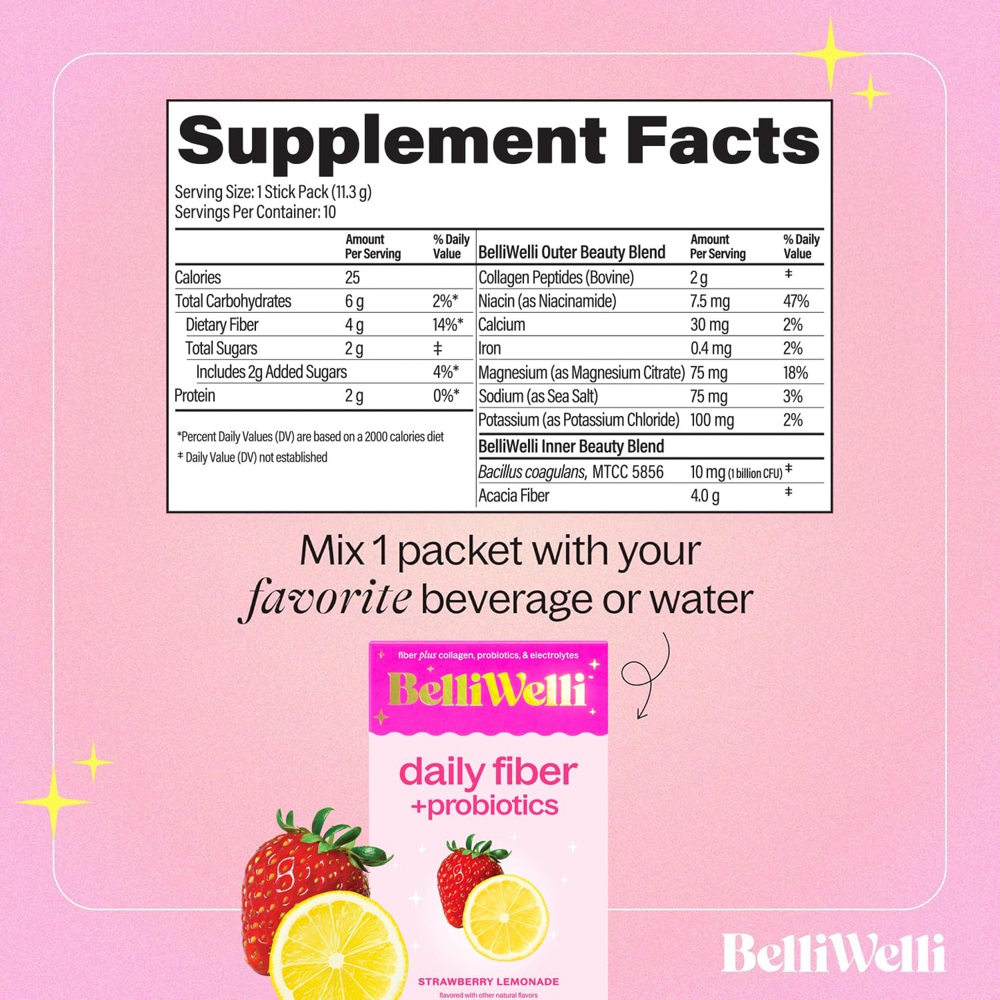 Belli Welli Daily Fiber Packets – Collagen, Probiotics & Electrolytes | Strawberry Lemonade 10ct
