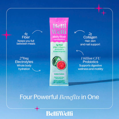 Belli Welli Daily Fiber Packets – Watermelon, Collagen, Probiotics & Electrolytes | 10 Count