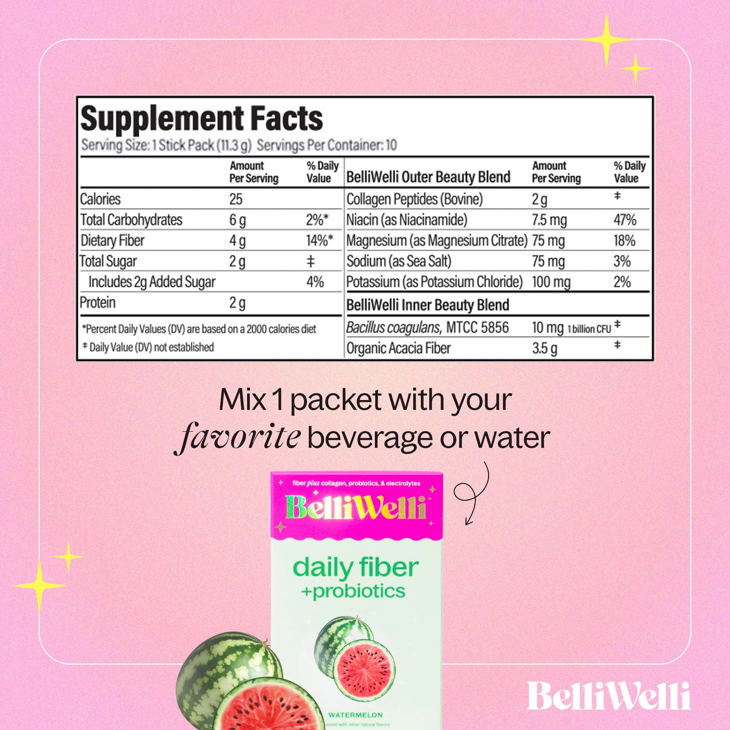 Belli Welli Daily Fiber Packets – Watermelon, Collagen, Probiotics & Electrolytes | 10 Count