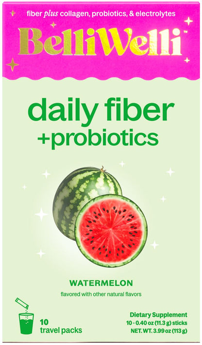 Belli Welli Daily Fiber Packets – Watermelon, Collagen, Probiotics & Electrolytes | 10 Count