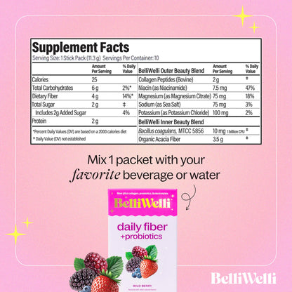 Belli Welli Daily Fiber Packets with Collagen & Probiotics – Wild Berry, 10 Count
