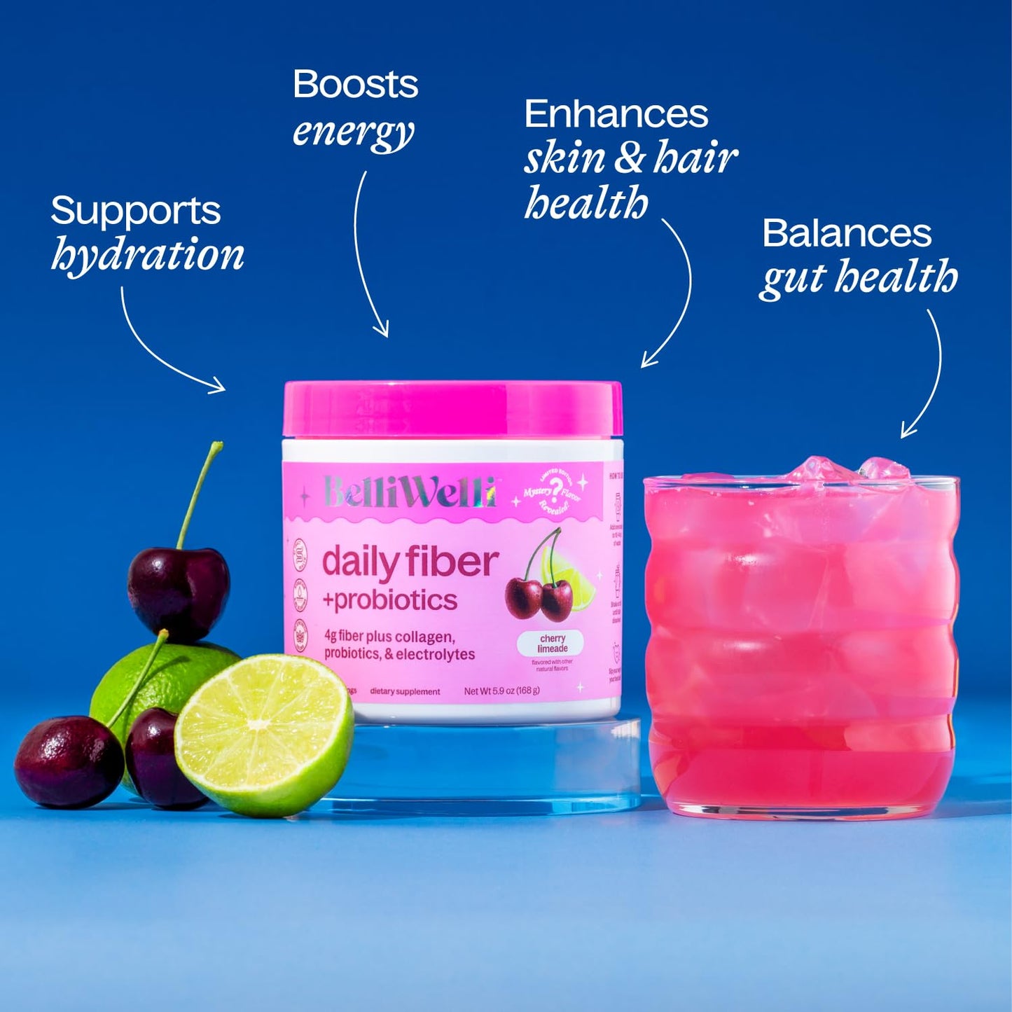 Belli Welli Fiber Supplement for Women & Men – Organic Acacia Fiber + Collagen, Electrolytes & Probiotics | Cherry Limeade