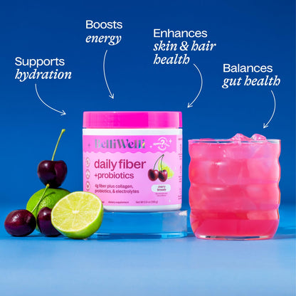Belli Welli Fiber Supplement for Women & Men – Organic Acacia Fiber + Collagen, Electrolytes & Probiotics | Cherry Limeade