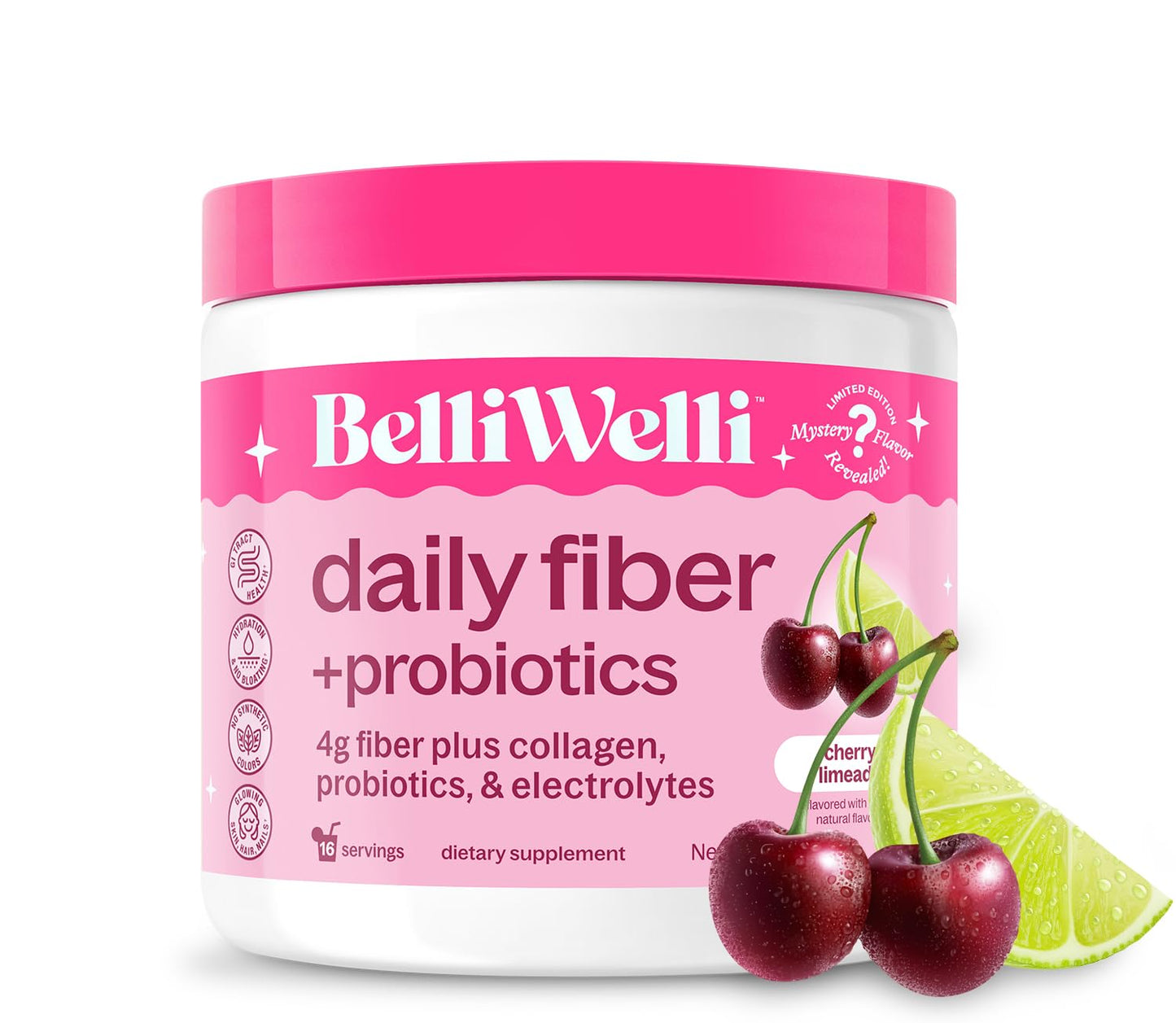 Belli Welli Fiber Supplement for Women & Men – Organic Acacia Fiber + Collagen, Electrolytes & Probiotics | Cherry Limeade