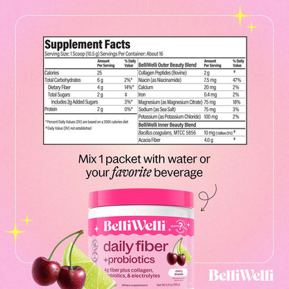 Belli Welli Fiber Supplement for Women & Men – Organic Acacia Fiber + Collagen, Electrolytes & Probiotics | Cherry Limeade