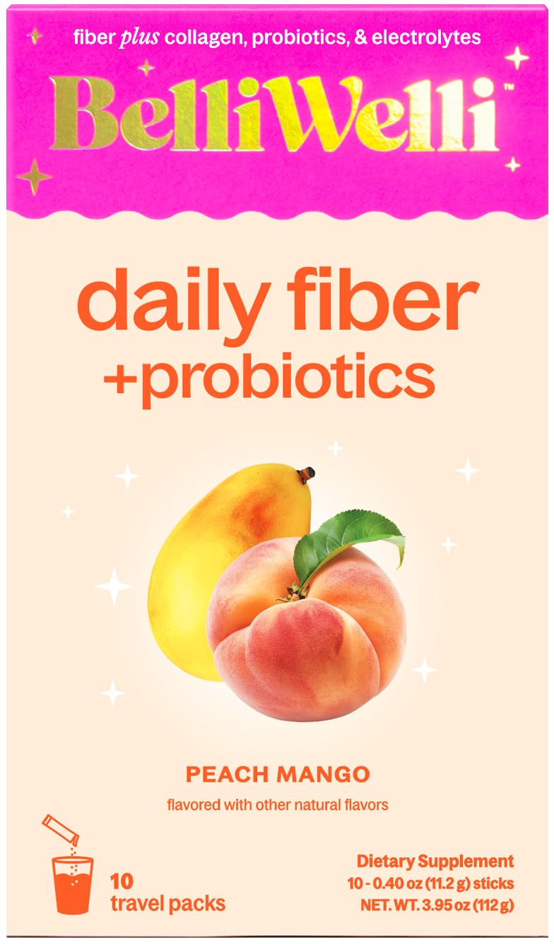 Belli Welli Fiber Supplement – Probiotic Fiber Powder with Collagen & Electrolytes, Peach Mango, 10 Pack