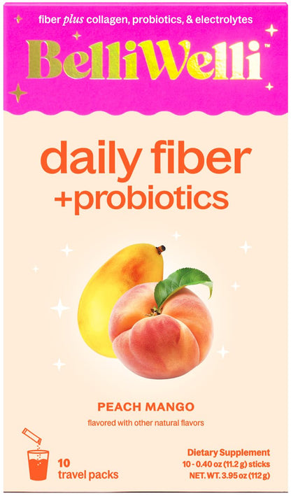 Belli Welli Fiber Supplement – Probiotic Fiber Powder with Collagen & Electrolytes, Peach Mango, 10 Pack