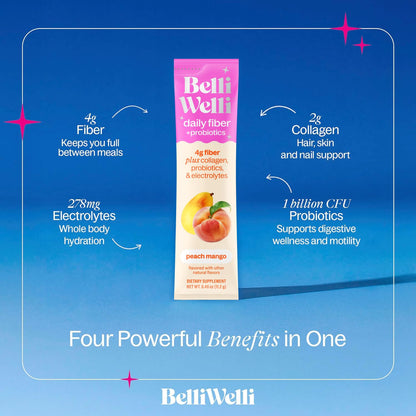 Belli Welli Fiber Supplement – Probiotic Fiber Powder with Collagen & Electrolytes, Peach Mango, 10 Pack