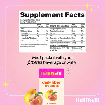 Belli Welli Fiber Supplement – Probiotic Fiber Powder with Collagen & Electrolytes, Peach Mango, 10 Pack