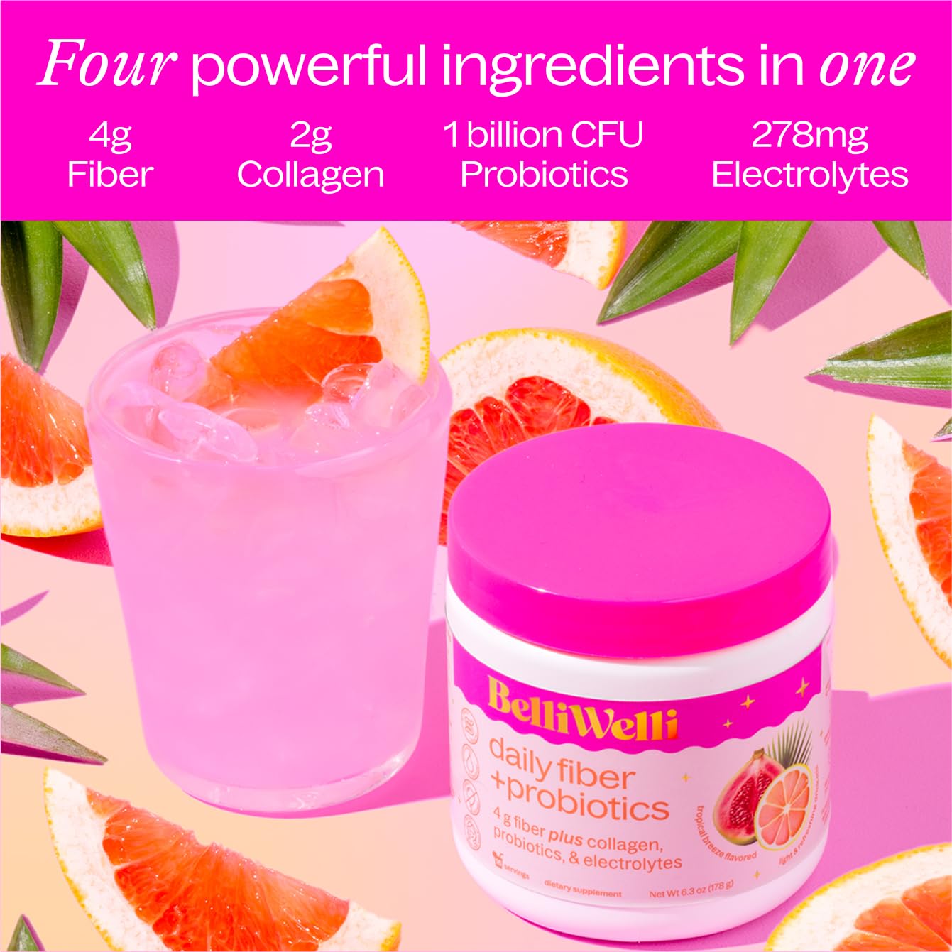BelliWelli Fiber Supplement - Organic Acacia, Probiotics & Collagen (Tropical)
