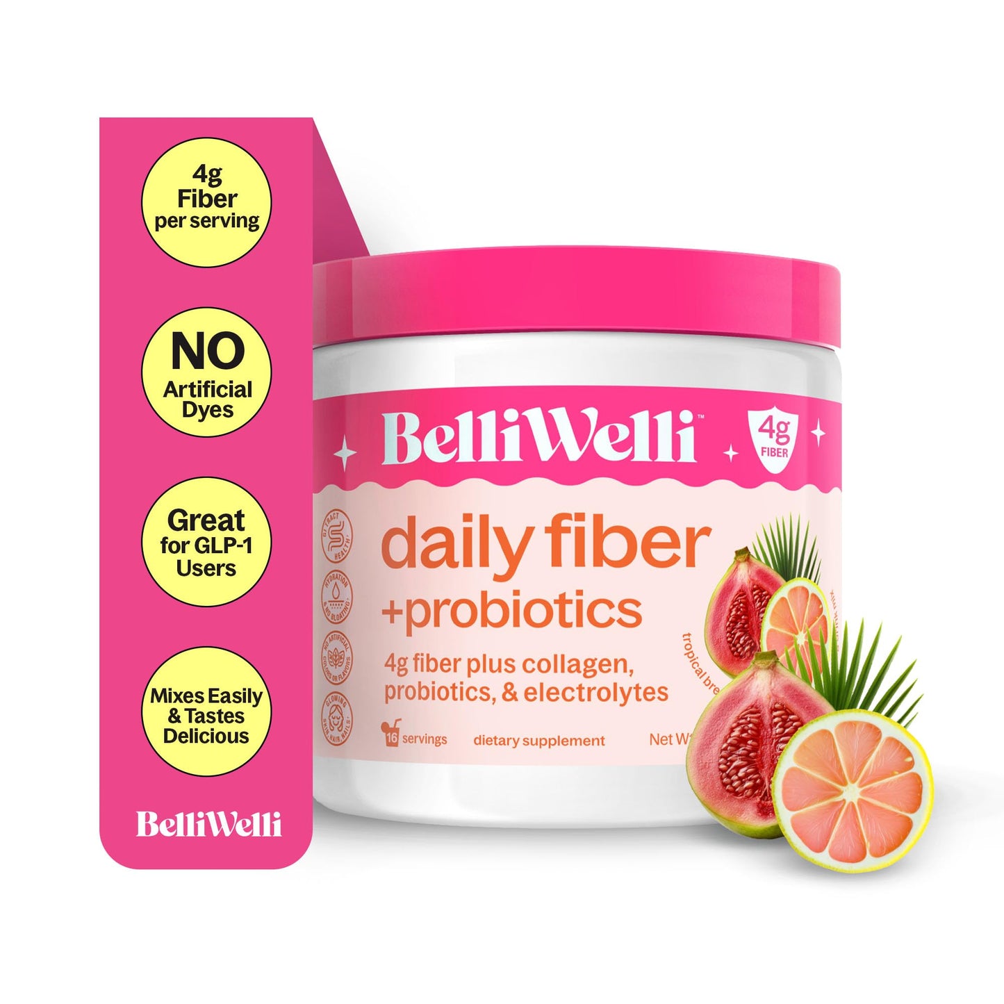 BelliWelli Fiber Supplement - Organic Acacia, Probiotics & Collagen (Tropical)