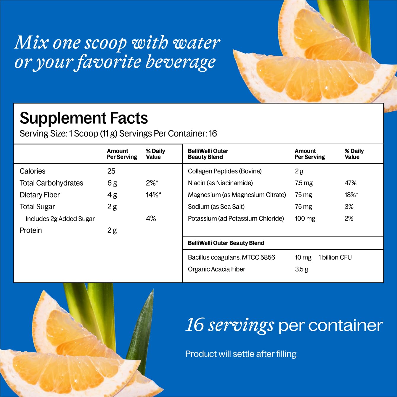 BelliWelli Fiber Supplement - Organic Acacia, Probiotics & Collagen (Tropical)