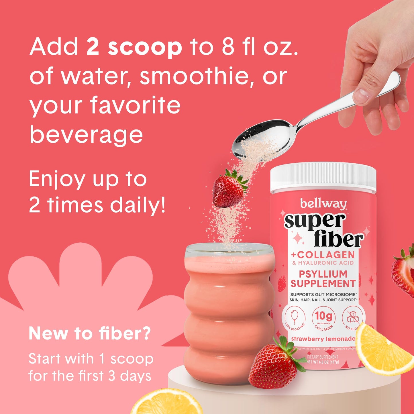 Bellway Super Fiber Powder + Collagen – Sugar-Free Psyllium Husk for Gut Health, Skin & Joints (Strawberry Lemonade)