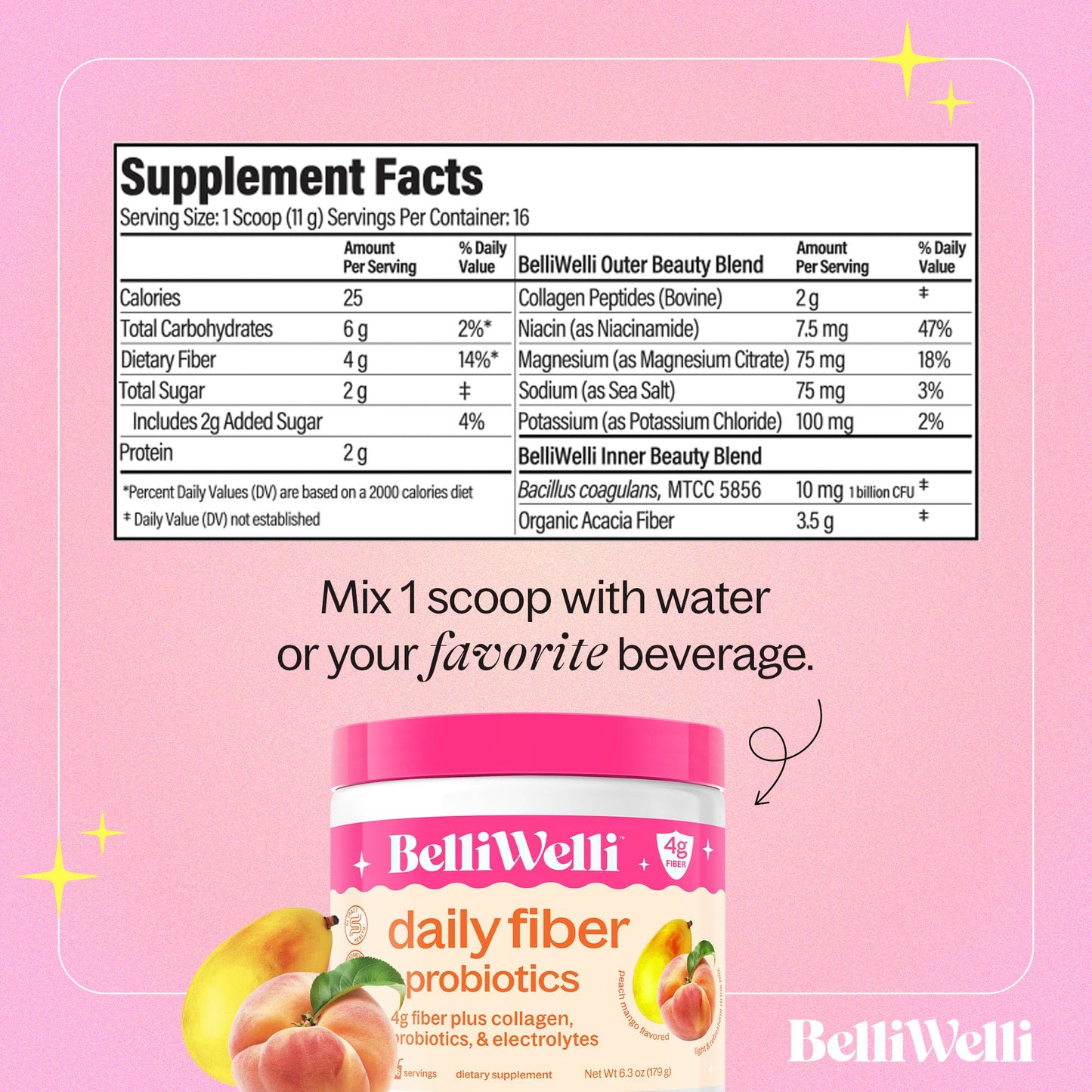 BelliWelli Fiber Supplement for Women & Men – Organic Acacia, Probiotics, Peach Mango