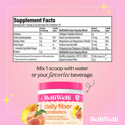BelliWelli Fiber Supplement for Women & Men – Organic Acacia, Probiotics, Peach Mango