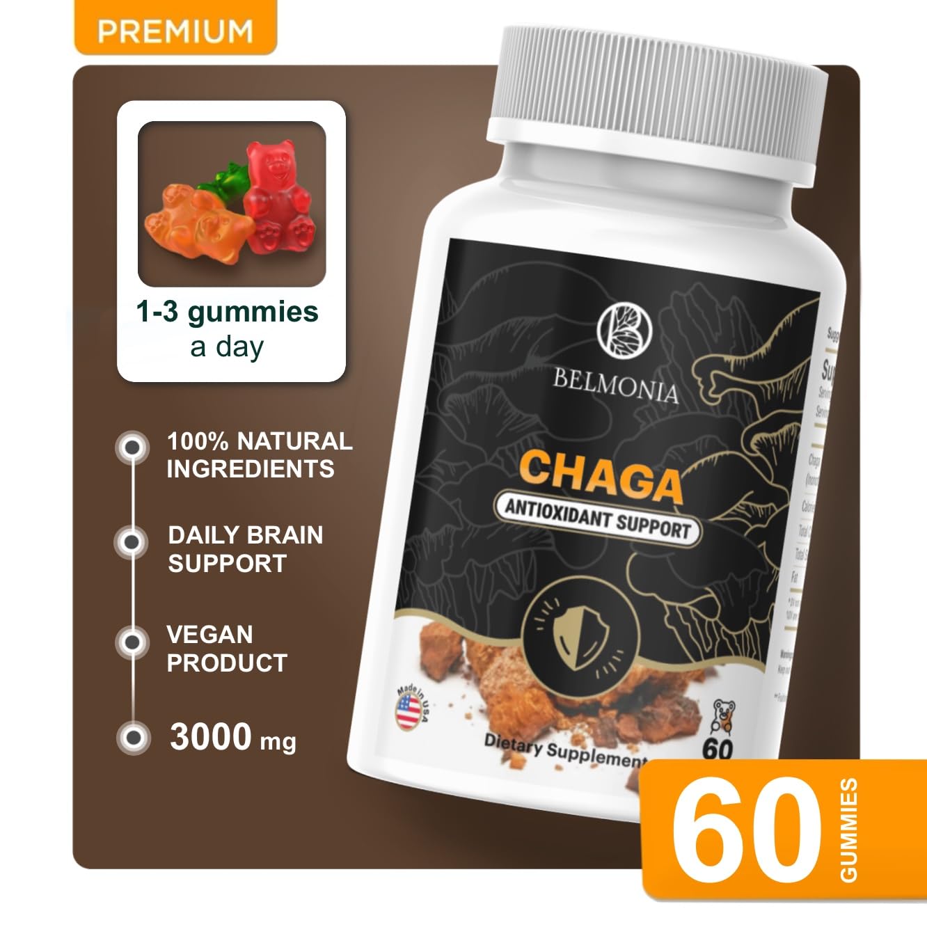 Belmonia Chaga Mushroom Gummies — Antioxidant Immune Support | 60 Gummies | Made in USA | Vegan & Gluten-Free