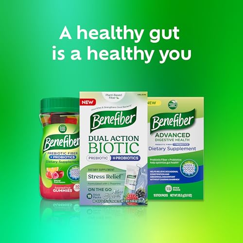 Benefiber Dual Action Biotic Plus Stress Relief – 18 Count Stick Packs | Digestive Health & Calm