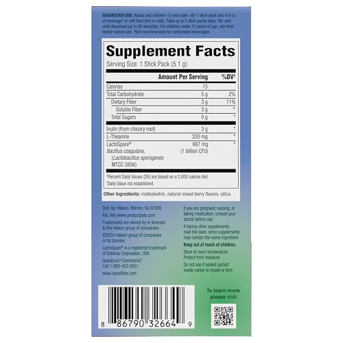 Benefiber Dual Action Biotic Plus Stress Relief – 18 Count Stick Packs | Digestive Health & Calm