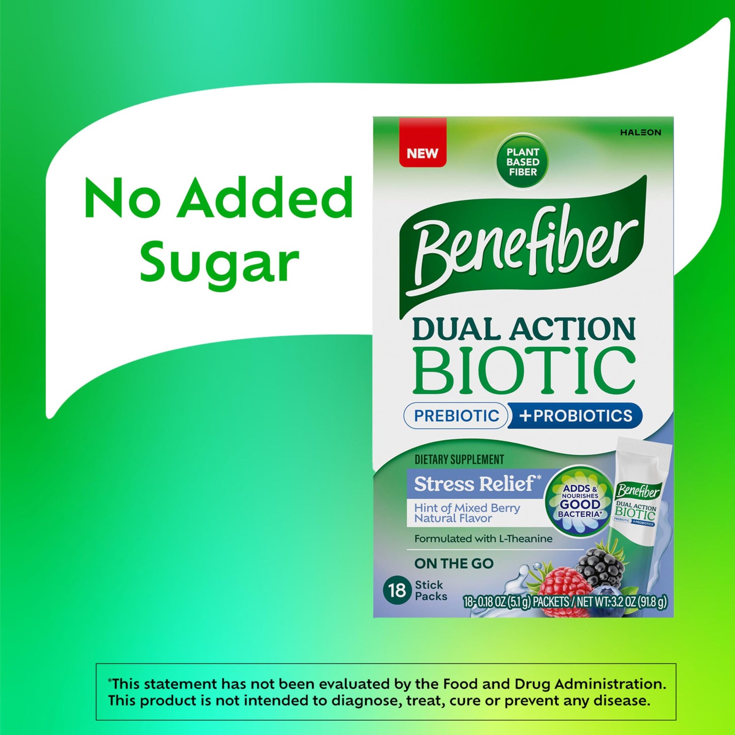 Benefiber Dual Action Biotic Plus Stress Relief – 18 Count Stick Packs | Digestive Health & Calm