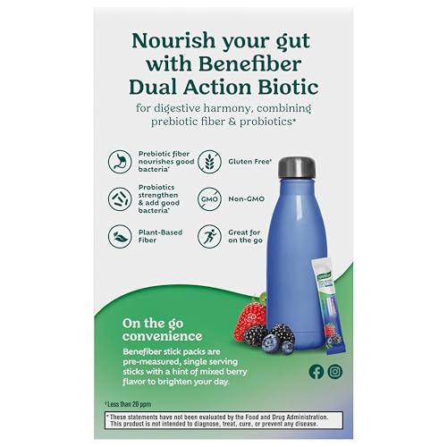 Benefiber Dual Action Biotic Plus Stress Relief – 18 Count Stick Packs | Digestive Health & Calm