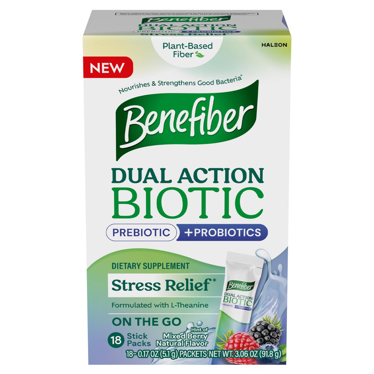 Benefiber Dual Action Biotic Plus Stress Relief – 18 Count Stick Packs | Digestive Health & Calm