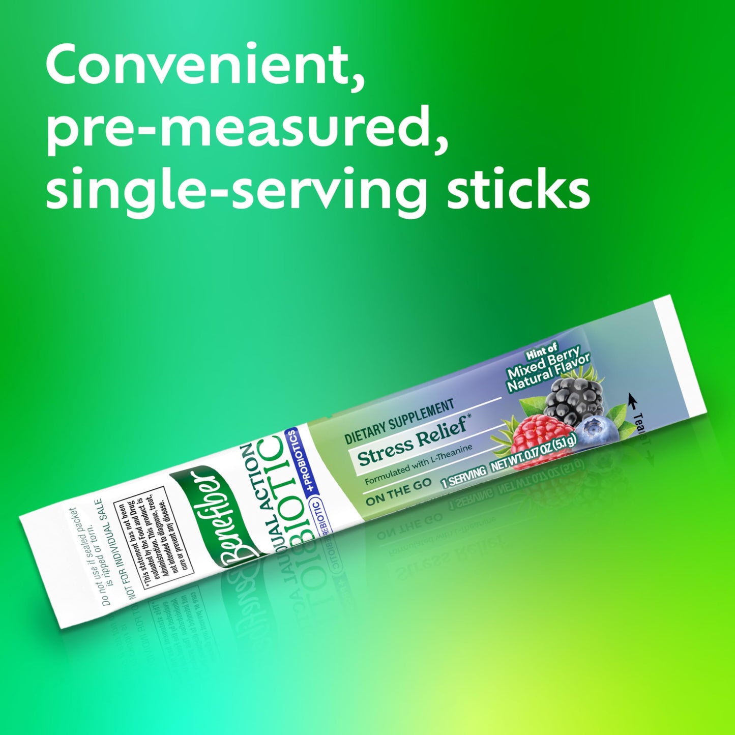 Benefiber Dual Action Biotic Plus Stress Relief – 18 Count Stick Packs | Digestive Health & Calm