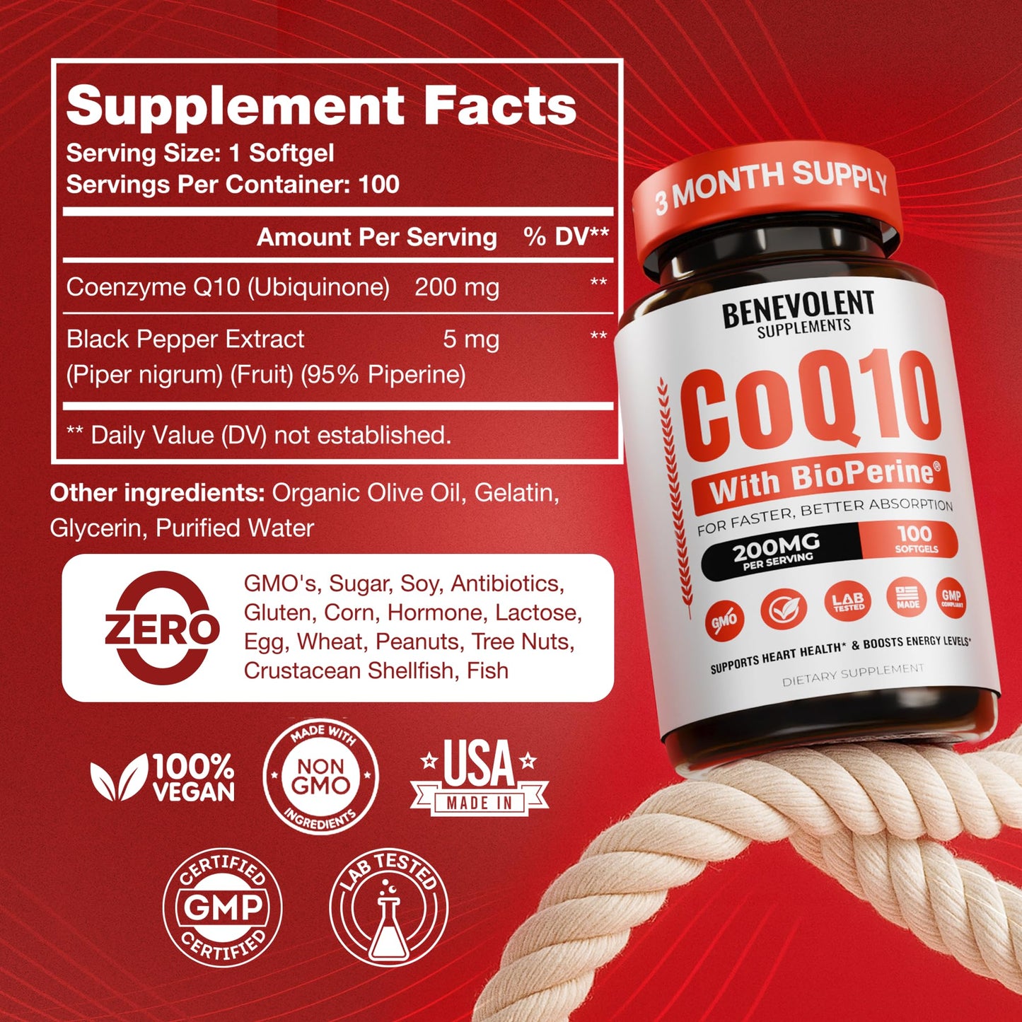 Benevolent CoQ10 200mg Softgels with BioPerine – Heart Health & Energy Support (100 Softgels)
