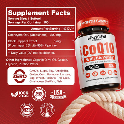 Benevolent CoQ10 200mg Softgels with BioPerine – Heart Health & Energy Support (100 Softgels)