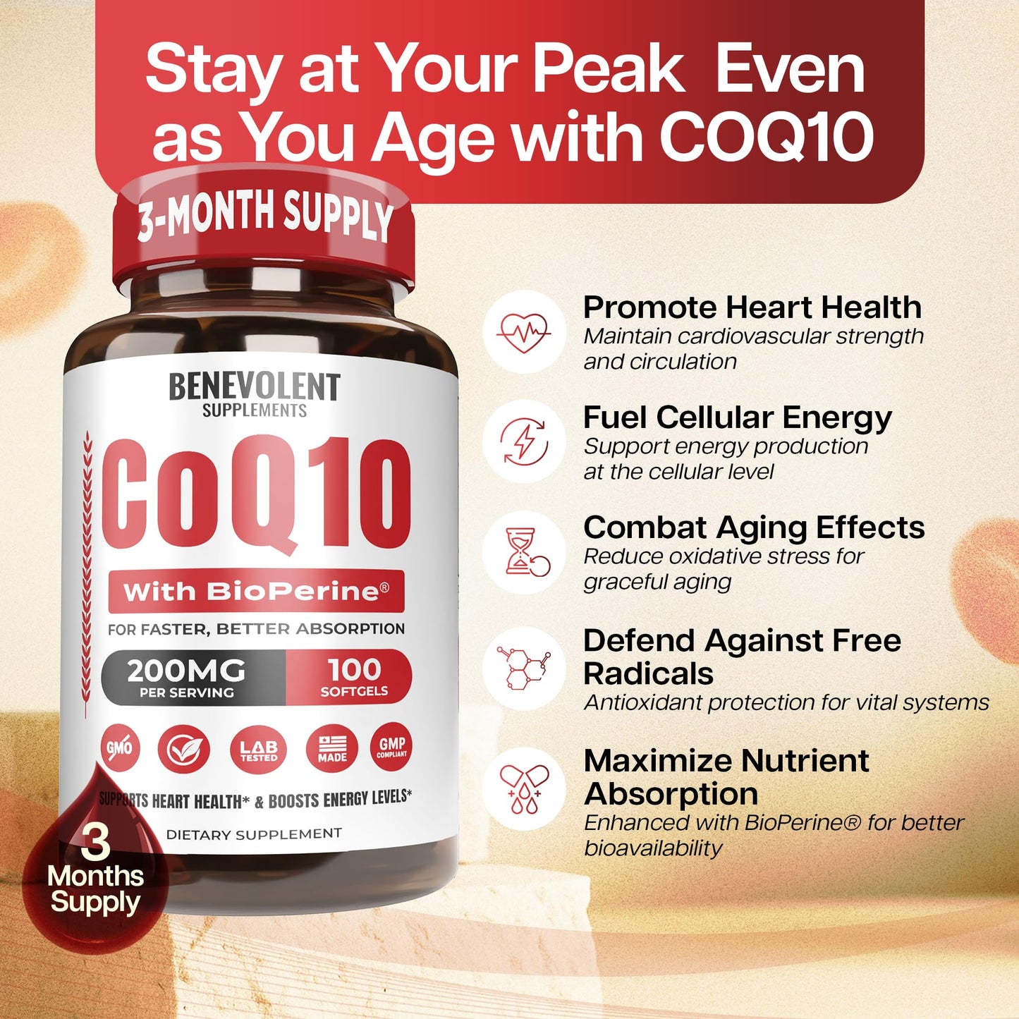 Benevolent CoQ10 200mg Softgels with BioPerine – Heart Health & Energy Support (100 Softgels)
