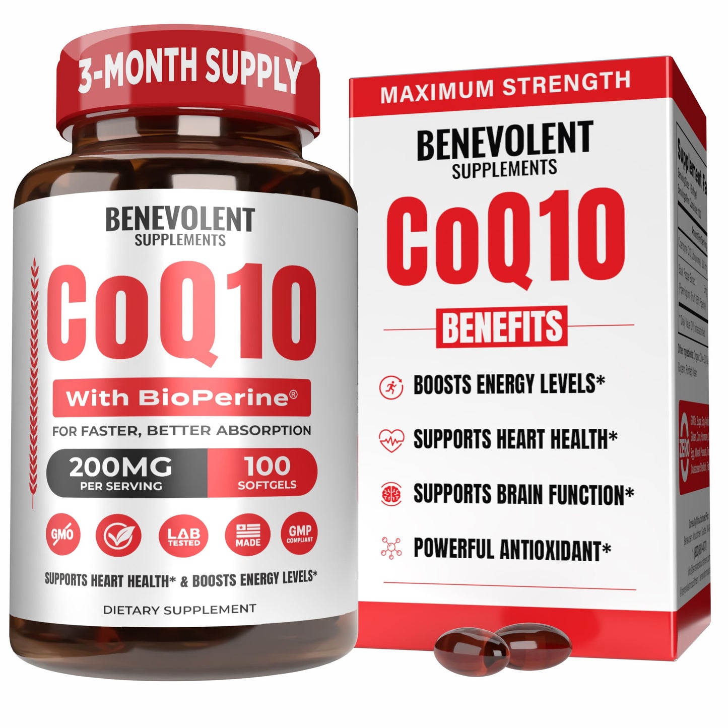 Benevolent CoQ10 200mg Softgels with BioPerine – Heart Health & Energy Support (100 Softgels)