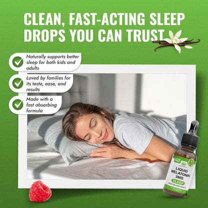 Benevolent 3mg Liquid Melatonin Drops – Fast-Acting Sleep Aid for Adults & Kids, Berry Vanilla (USA Made, 2 Month Supply)